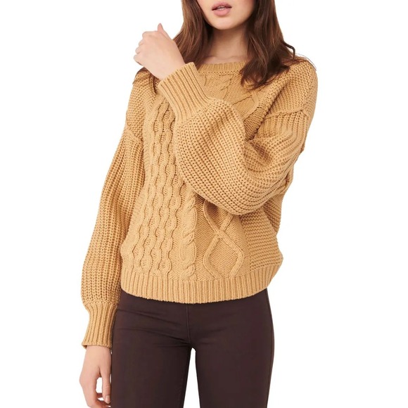 Free People Cable Knit Sweater Tan Oversized Long Sleeve Women's Size M cozy - Picture 1 of 7